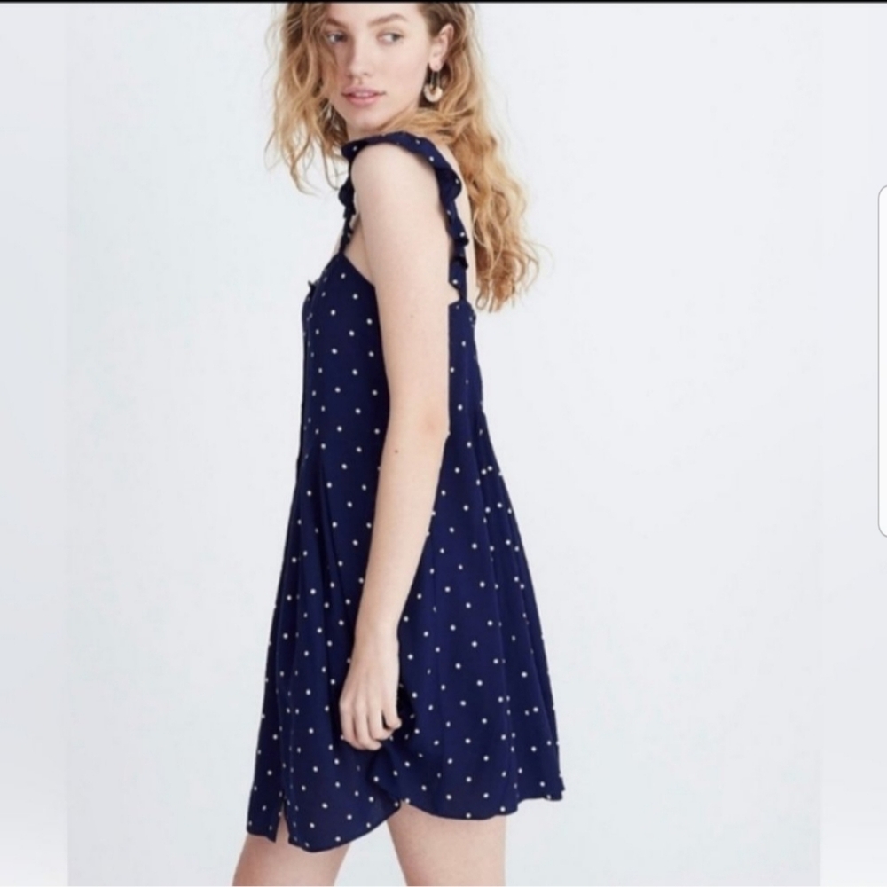 Madewell Sleeveless Blue White Polka Dot Flutter Strap Square Neck Mini Dress - Picture 2 of 14